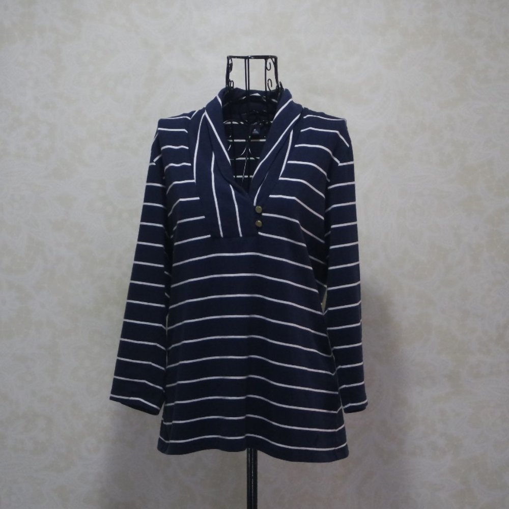 NAUTICA Navy /White Stripe Collared Pull Over Top -M